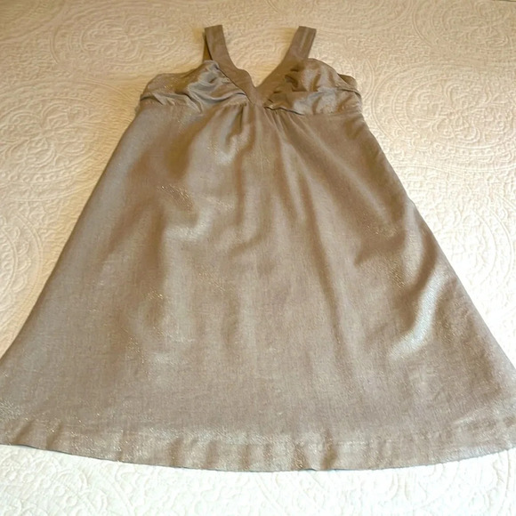 Vintage Linen Blend Dress Women12 Tan Gold Metallic Thread Sleeveless Baby Doll - Picture 8 of 17